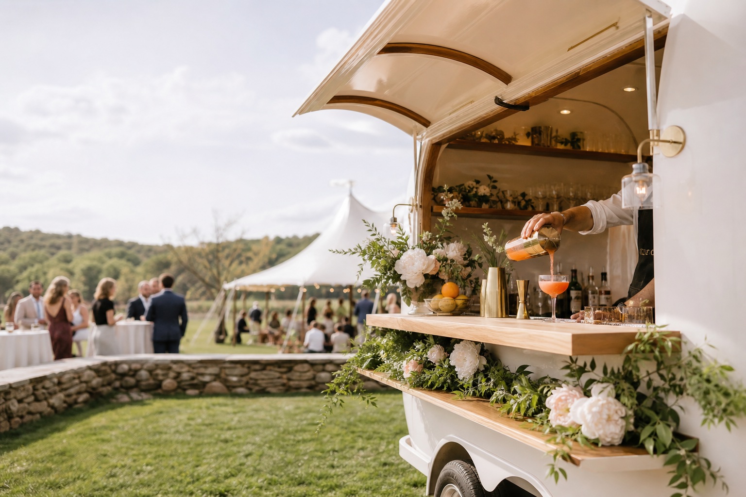 Cream mobile bar trailer with bartender pouring a coral cocktail